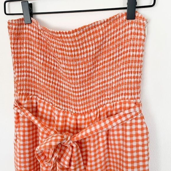 MINKPINK orange gingham picnic smocked strapless wide leg jumpsuit - Picture 3 of 11